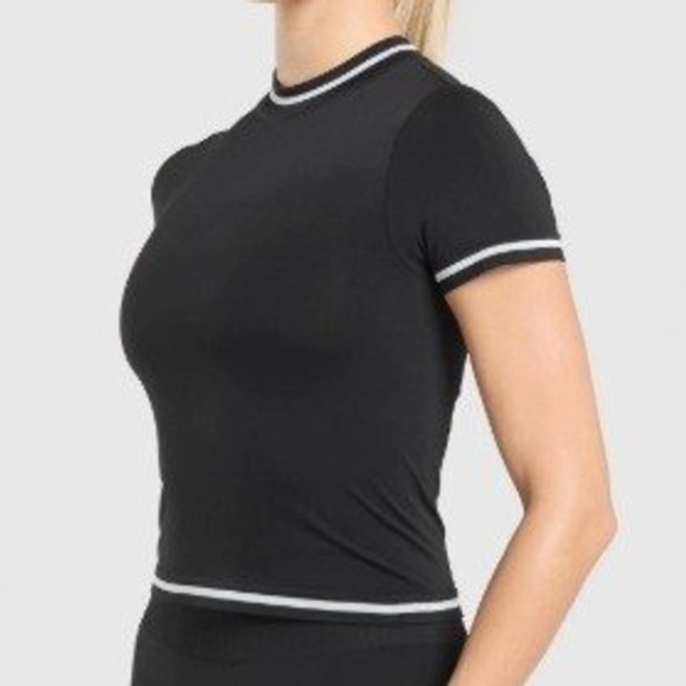 Gymshark Contrast Seamless Midi T-Shirt Womens Large Black White Mock Neck - Picture 2 of 9